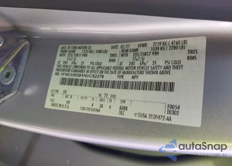 2017 Ford Escape Se из США, поврежденный, VIN 1FMCU0G91HUC52278